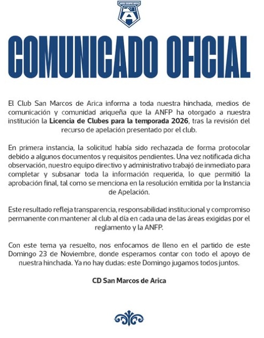 Respira San Marcos de Arica: ANFP rectifica resolución y le devuelve licencia para jugar en 2026 1